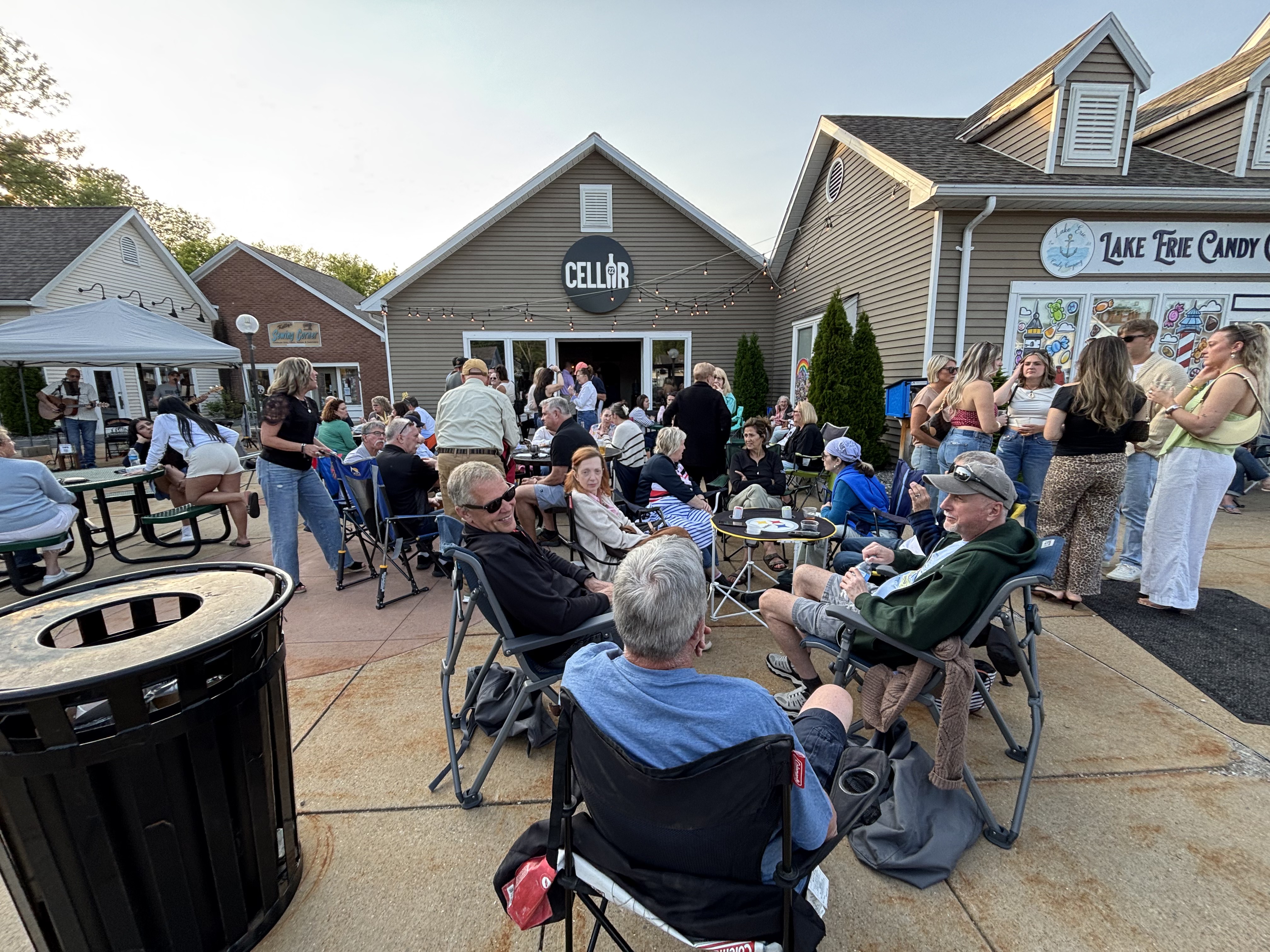 Guests gathered on the Cellar 22 patio at sunset
